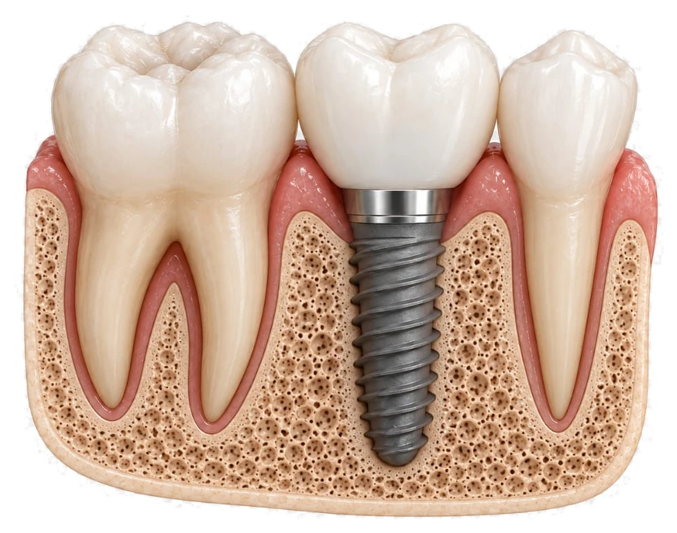 Ilustração de um implante dentário instalado no osso, entre dois dentes naturais